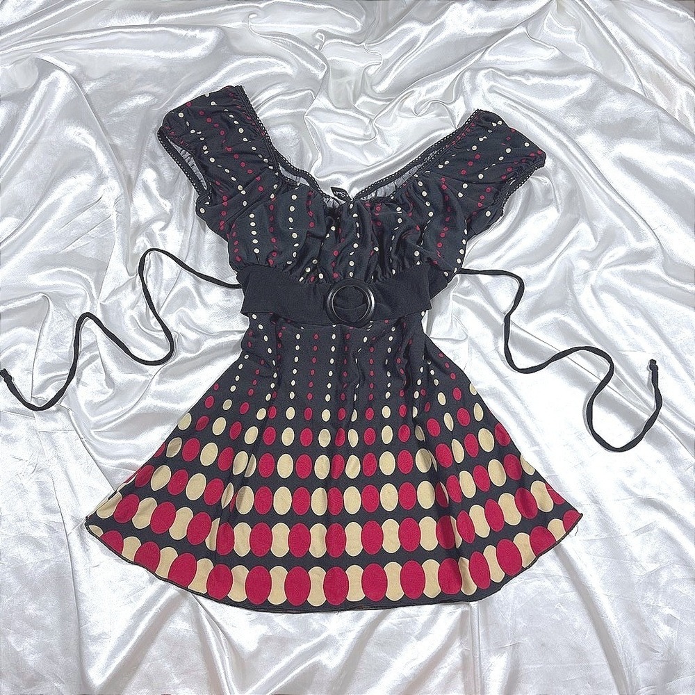 y2k Heart Soul Tunic Top Black Excellent Red Polka Dot Belted Cap Sleeve L